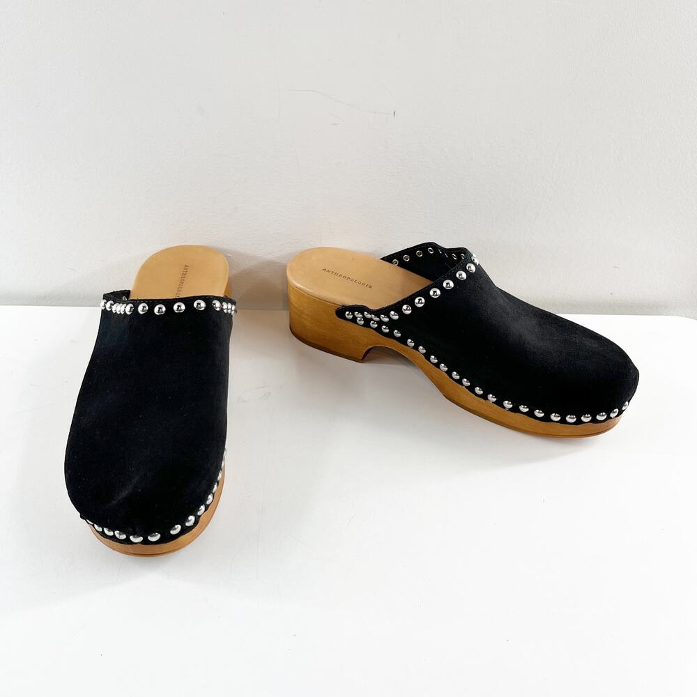 Anthropologie Studded Trim Wood Bottom Clogs Black 40 / US 9.5 / 10 - Picture 8 of 10